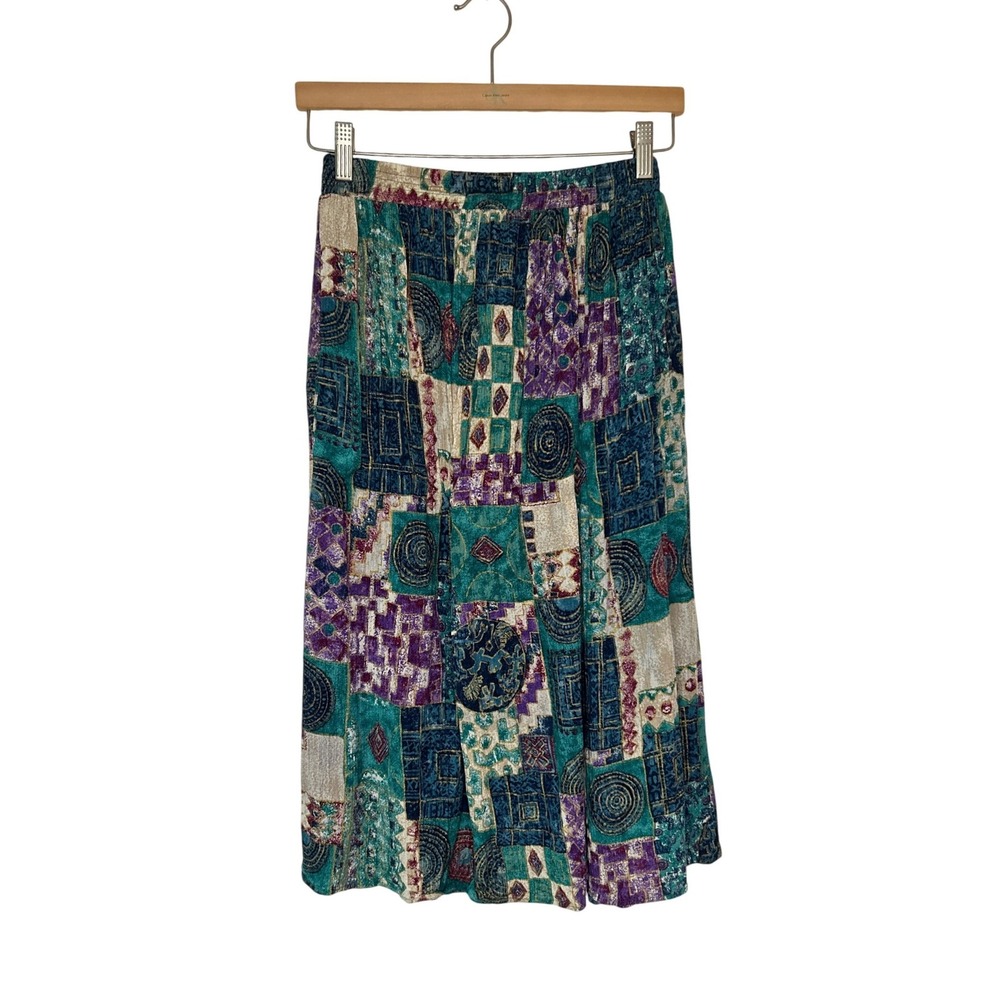 Vintage 90s Michele Leslie Patchwork Rayon Midi Skirt M USA Made Bohemian Artsy